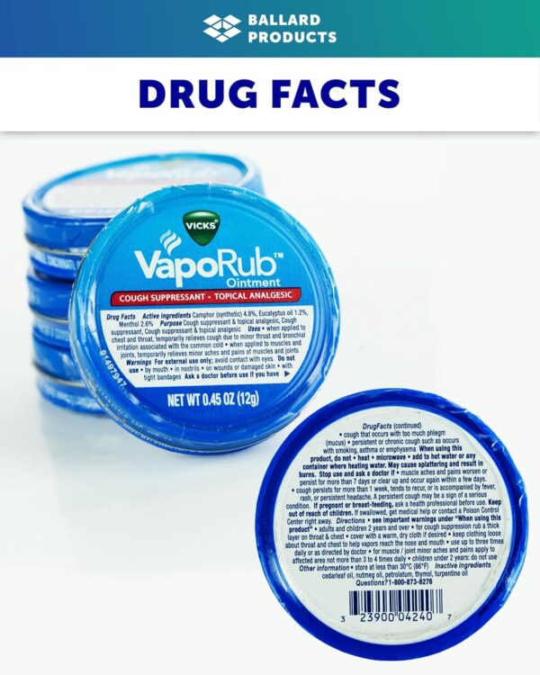Ballard Products Vicks VapoRub Cough Suppressant Ointment Travel Pack - 4 Tins of Vicks Vapor Rub Travel Size - Cough and Congestion Relief - Bundle Moist Towelette - Image 3