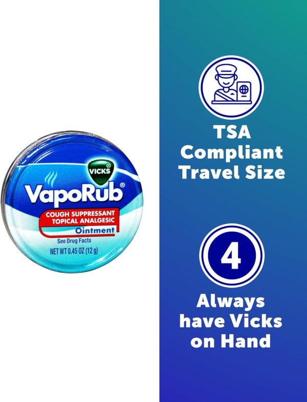 Ballard Products Vicks VapoRub Cough Suppressant Ointment Travel Pack - 4 Tins of Vicks Vapor Rub Travel Size - Cough and Congestion Relief - Bundle Moist Towelette - Image 2