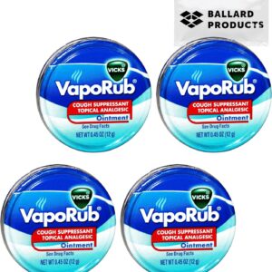 Ballard Products Vicks VapoRub Cough Suppressant Ointment Travel Pack - 4 Tins of Vicks Vapor Rub Travel Size - Cough and Congestion Relief - Bundle Moist Towelette