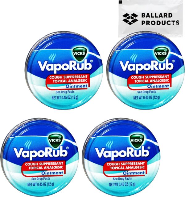 Ballard Products Vicks VapoRub Cough Suppressant Ointment Travel Pack - 4 Tins of Vicks Vapor Rub Travel Size - Cough and Congestion Relief - Bundle Moist Towelette